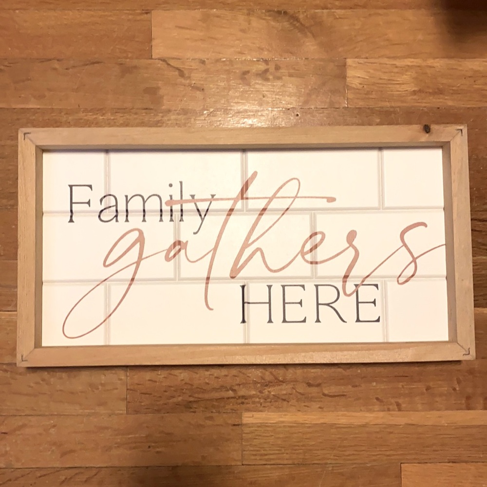 19” x 10” “FAMILY GATHERS HERE” Wooden framed, subway tile wall hanging